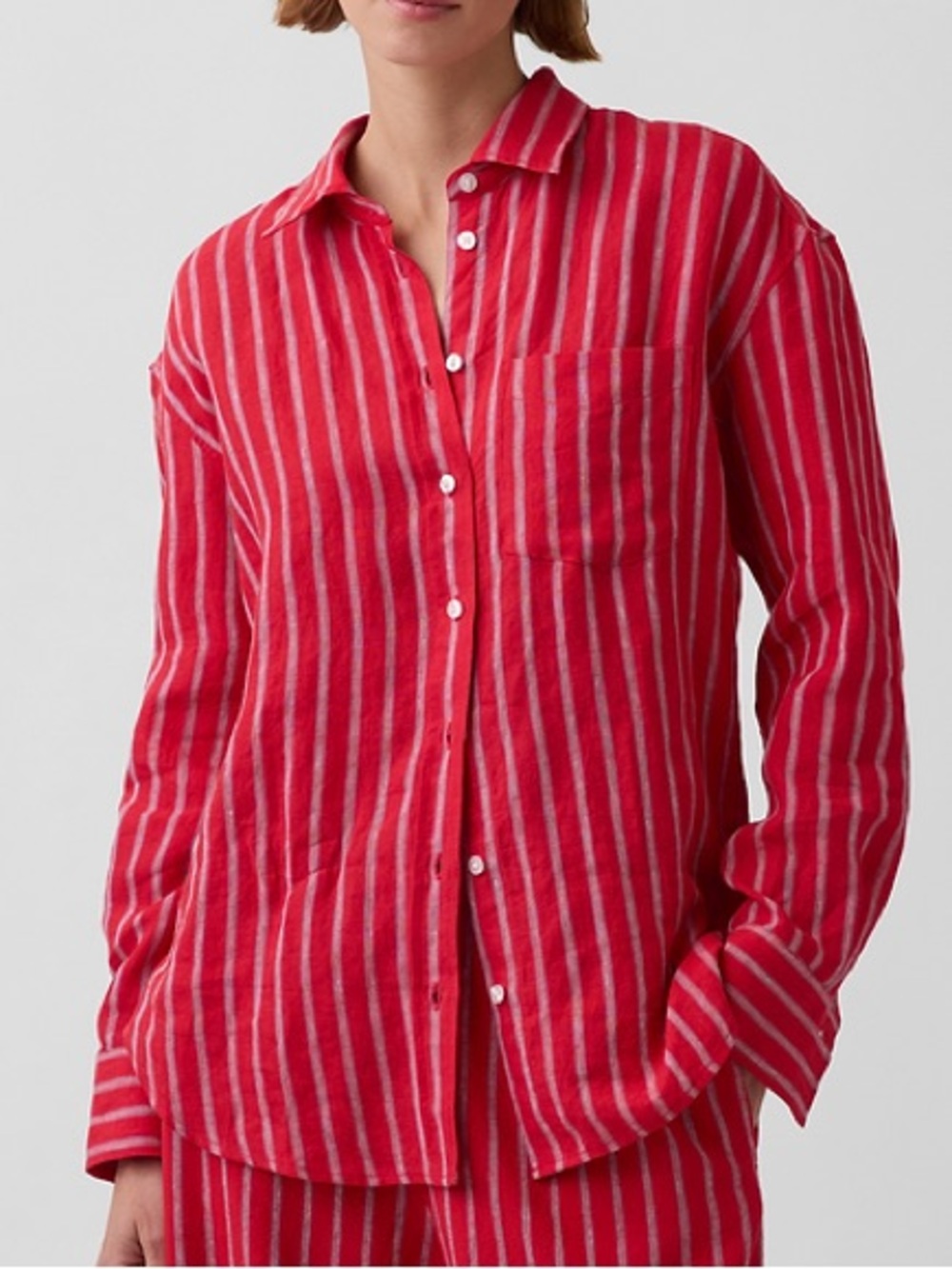 GAP 100% Linen Oversized Shirt Red Blue Stripe Women’s Size L NWT!